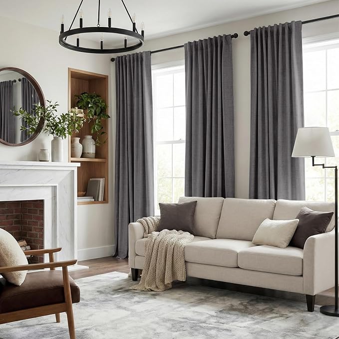 INOVADAY 100% Blackout Linen Curtains for Bedroom 50x90 Inches Dark Grey | Linen Textured, Light Blocking, Room Darkening, Thermal Insulated, Back Tab Top, Window Curtains for Living Room, 2 Panels