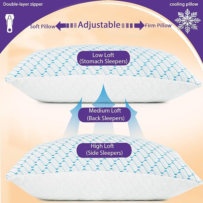 Memory Foam Pillows King Size Set of 2,Cooling Pillow for Side Sleepers | Adjustable Firm Pillow,Breathable Washable Removable Covers, for Hot,Side,Back,Stomach Sleeper,Relieve Shoulder Neck Pain