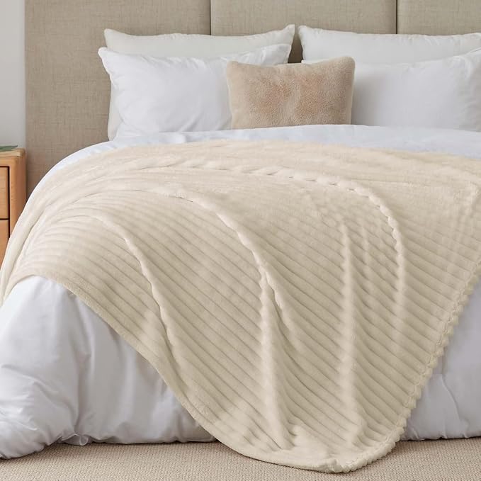 BEDELITE Ribbed Full Size Blanket for Bed, Beige, 84"x90" | Ultra-Soft Plush Fleece, Warm Yet Lightweight, Ribbed Texture, Home Decor, Machine Washable, Giftable, All-Season Use
