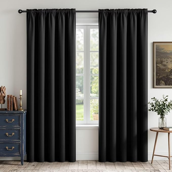 CUCRAF Black Blackout Curtains 72 inch Length 2 Panels Set, Rod Pocket Room Darkening Drapes for Bedroom Living Room, Insulated Thermal Light Blocking Window Curtain (W52 x L72 Inch)