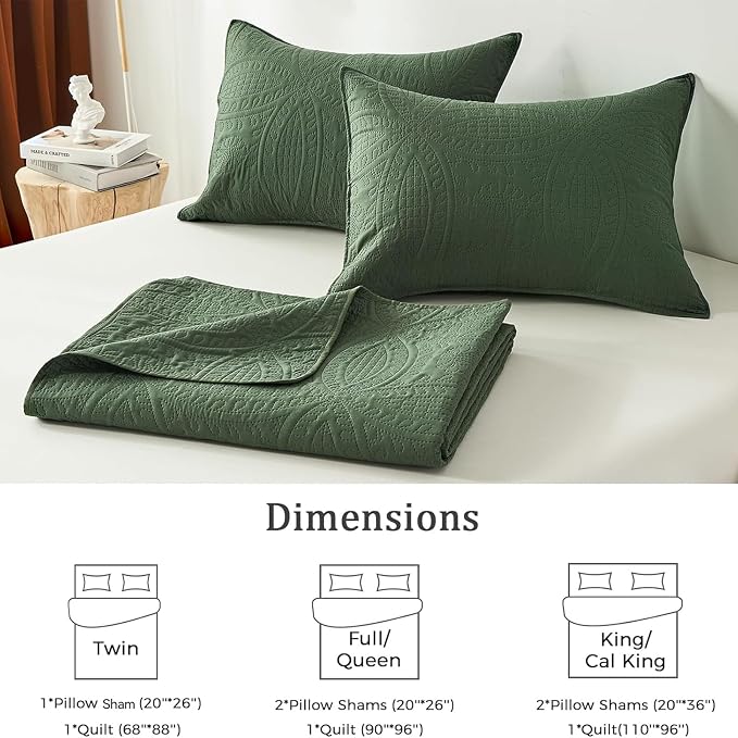 akkialla King Quilt Bedding Set,Olive Green Ultrasonic King/Cal King Quilt Set,Lightweight Soft Bedspread Coverlet,Modern Style Coin Pattern Bed Cover for All Seasons,3 Piece(1 Quilt,2 Pillow Shams)
