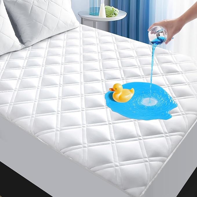 MEELUS Waterproof Twin Mattress Protector, Fitted Deep Pocket 8"-21",White | Breathable Padded Mattress Pad Cover, Soft Noiseless Mattress Cover Washable Cooling for Home Hotel Bedroom