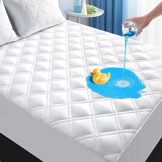 MEELUS Waterproof Twin Mattress Protector, Fitted Deep Pocket 8"-21",White | Breathable Padded Mattress Pad Cover, Soft Noiseless Mattress Cover Washable Cooling for Home Hotel Bedroom