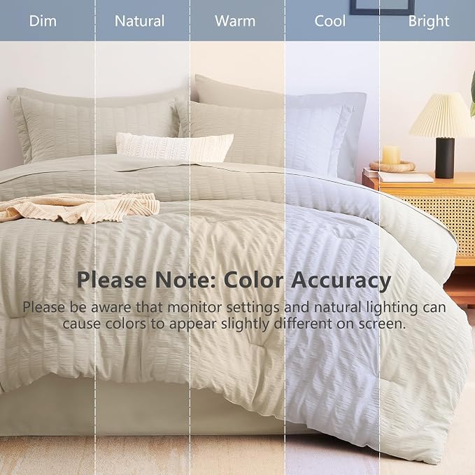 King Size Comforter Set, 7 Pieces Oatmeal Seersucker Bed in a Bag | OEKO-TEX Certified, All Season Bedding Set with 240 GSM Down Alternative Comforter, Flat & Fitted Sheets, Pillowcases & Shams