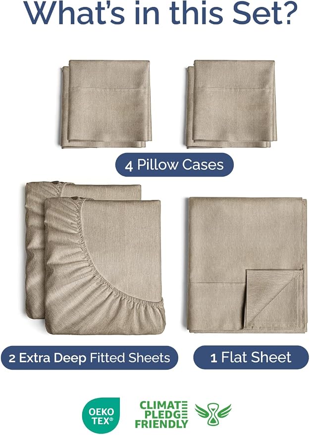 Extra Deep Split King Sheet Set - 7 Piece Cooling Sheets - Heathered Beige | Hotel Luxury Bed Sheets Set, Easy & Secure Fit, Ultra-Soft, Wrinkle & Fade Free, Comfy Sheets Set with Extra Deep Pockets