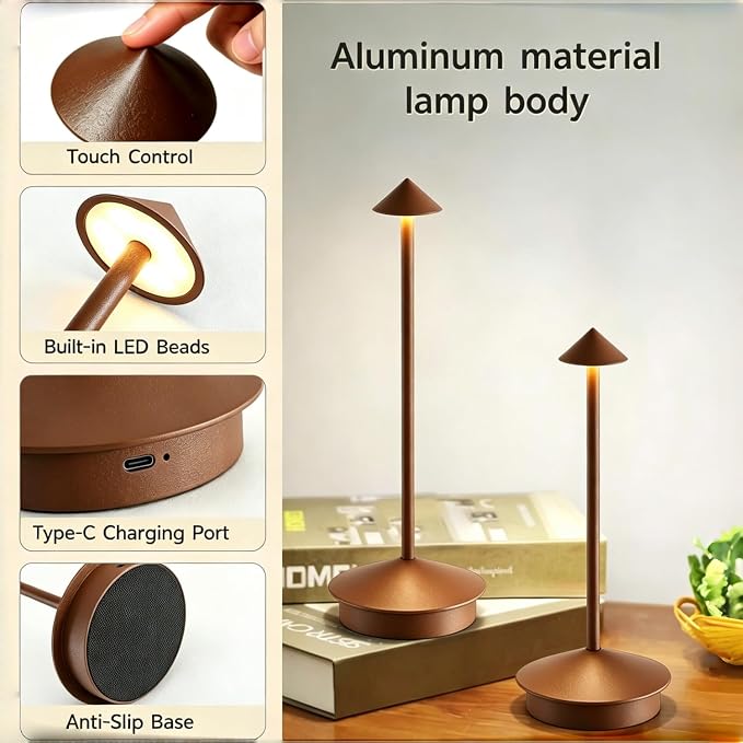 EJQ 2 Pack LED Cordless Table Lamp, Portable 6000mAh Rechargeable Aluminum, Touch Control Outdoor Table Lamp, 3 Color Dimmable Cordless Table Lamps for Restaurant, Patio, Bedroom, Outdoor - Brown