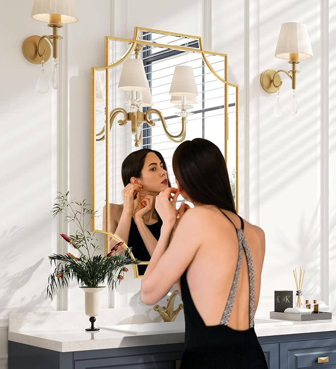 Kelly Miller 24"x36" Gold Foil Scalloped Edge Decorative Vanity Wall Mirror | Hand-Applied Gold Foil Finish. HD Mirror With French Cleat. Elegant Beveled Wall Mirror Decor For Bathroom Bedroom Entryway.