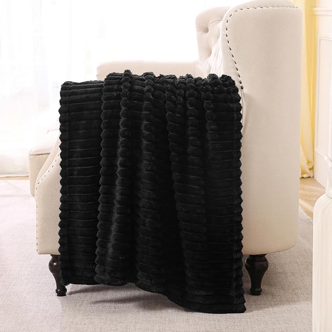 Black Fleece Throw Blanket 60”×80” for Couch Sofa Livingroom | Super Soft Cozy Plush Microfiber Flannel Bed Blanket Striped Design Lightweight Home Decor Gifts for Adults Mom Women
