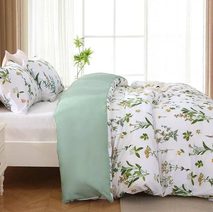 MUXHOMO Duvet Cover Full Size, Reversible Floral Green Duvet Cover Set with Zipper Closure, 3 Pieces Botanical Patterns Soft Microfiber Bedding Set with 4 Ties (80"x90", 2 Pillow Cases)