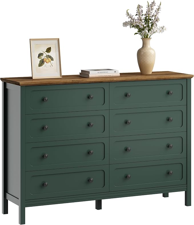 CARPETNAL 55" Green Dresser for Bedroom with 8 Drawer & Deep Drawers | Large Storage Modern Chest of Drawers with Metal Handles for Living Room, Hallway