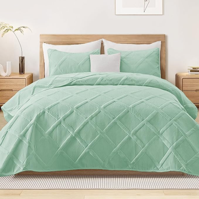 Exclusivo Mezcla Quilts Queen Size, Light Green | Soft Bedspreads with 2 Pillow Shams, Modern Striped Pattern, Lightweight Bedding Set Coverlets for All Seasons, 90x96 Inch