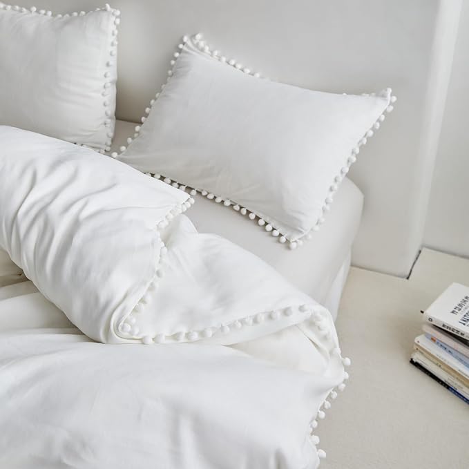 Simple&Opulence French Linen Blended Duvet Cover King, Flax Viscose Derived from Bamboo Bedding Set with Pom Pom Trim Soft Cooling for Hot Sleepers, 1 Boho Comforter Cover and 2 Pillow Shams, White