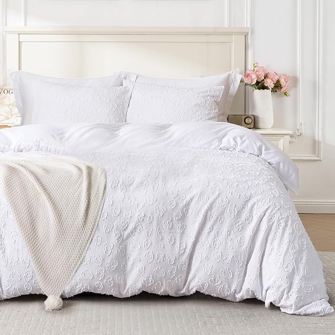 White Leopard Print Textured Tufted Duvet Cover Set, 2 Pieces Super Soft Comforter Cover Bedding Set Breathable Cozy Bedding Set Twin, Includes 1 Duvet Cover, 1 Pillowcase (Jacquard White, Twin Size)