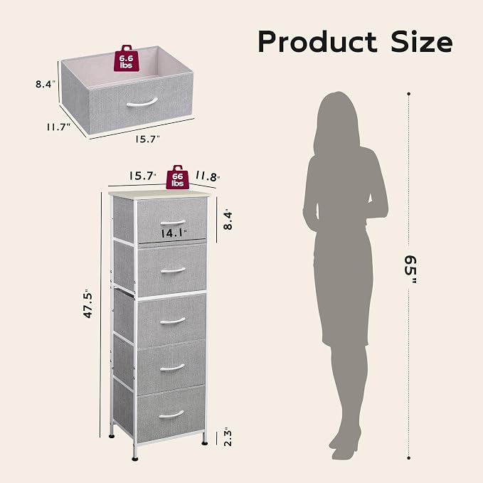 WLIVE Tall Dresser for Bedroom, 5 Drawer Dresser, Light Grey | 5 vertical fabric drawers, Tall vertical design, Bedroom or closet use, Dresser for small spaces, Chest of drawers