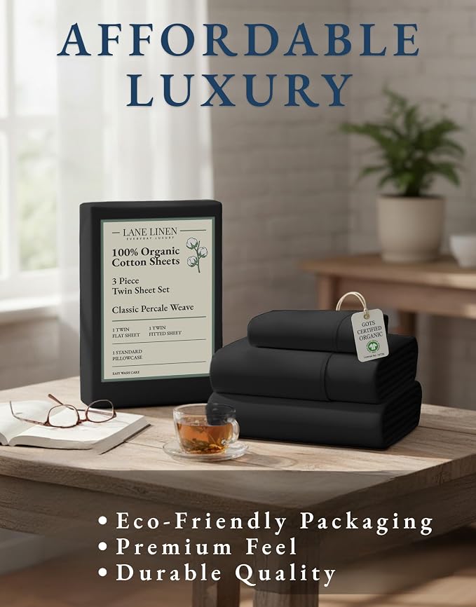 LANE LINEN Twin Bed Sheets 100% Organic Cotton Soft 3pc Percale - Black | Twin Sheets In Organic Cotton Percale - Crisp Cool Percale Weave, Great For Gifting, Easy-Care Machine Washable