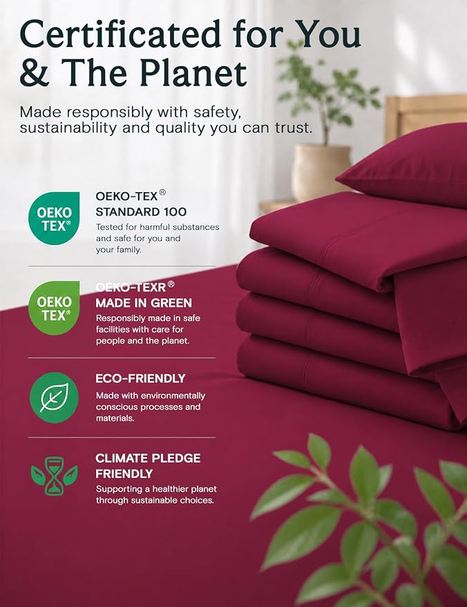 LuxClub 6 PC California King Size Sheet Set Bed Sheets Deep Pockets 18" Eco Friendly Wrinkle Free Cooling Sheets Machine Washable Hotel Bedding Silky Soft - Burgundy California King | LuxClub Silky Fitted Sheet & Pillowcase Sets, Breathable Hotel Luxur...