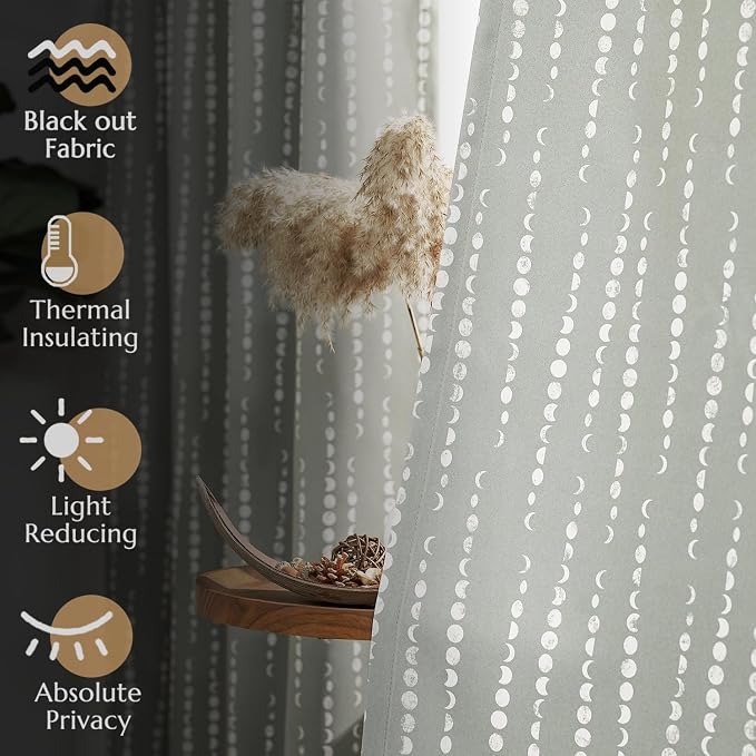 jinchan Boho Blackout Curtains 84 Inches Long Moon Phase Printed Drapes | Grey Farmhouse Curtains for Bedroom Living Room Back Tab Drapes Room Darkening Window Treatments 2 Panels