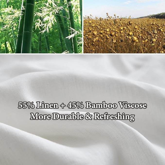 Simple&Opulence French Linen Blended Duvet Cover King, Flax Viscose Derived from Bamboo Bedding Set with Pom Pom Trim Soft Cooling for Hot Sleepers, 1 Boho Comforter Cover and 2 Pillow Shams, White