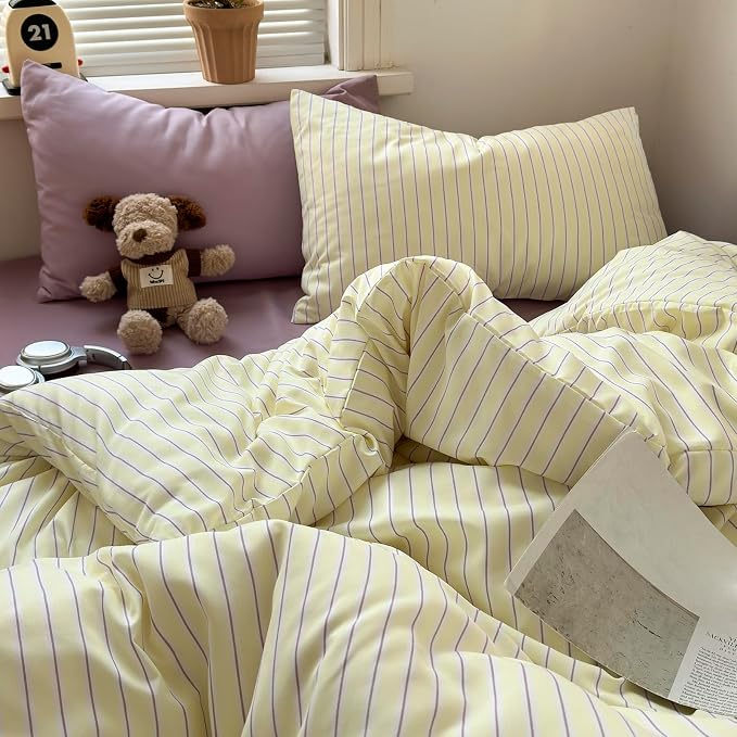mixinni Pastel Yellow Lavender Striped King Duvet Cover Set, Soft Premium Washed Microfiber Aesthetic Stripes Comforter Cover with Hidden Zipper & Corner Ties, 3 Piece Sweet Teen Bedding for Girls