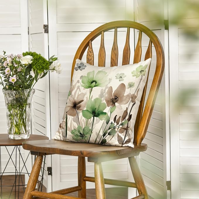 AVOIN colorlife Poppy Flowers Fall Spring Throw Pillow Cover 18x18 Inch | Chinoiserie Sage Green Brown Seasonal Leaves Cushion Case Decoration for Sofa Couch Farmhouse