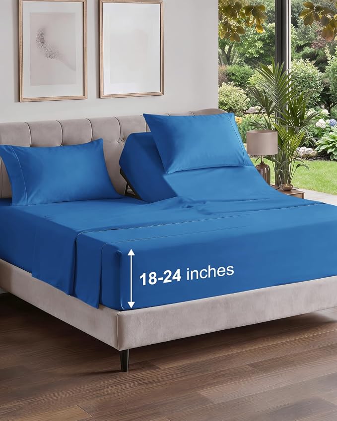 Flex Top Split Head King Sheet Set - 4 Piece Extra Deep Sheets - Royal Blue | Easily Fits 18 to 24 inch Mattress, Ultra Soft, Wrinkle & Fade Free with Extra Deep Pockets, Comfy Hotel Luxury Bedding