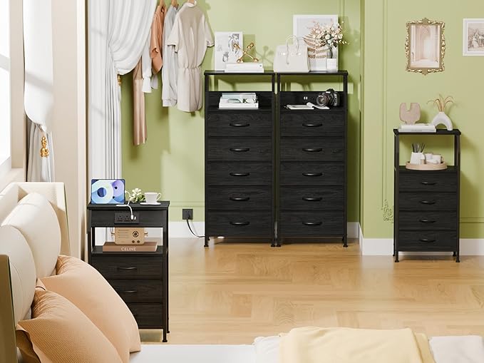 Furnulem 5 Drawers Dresser with Charging Station, Tall Black Nightstand | Tall Dorm Nightstand, Fabric Chest of Drawers with Open Shelf, Bedside Table for Closet, Dresser for Bedroom, 3 Ways to Use