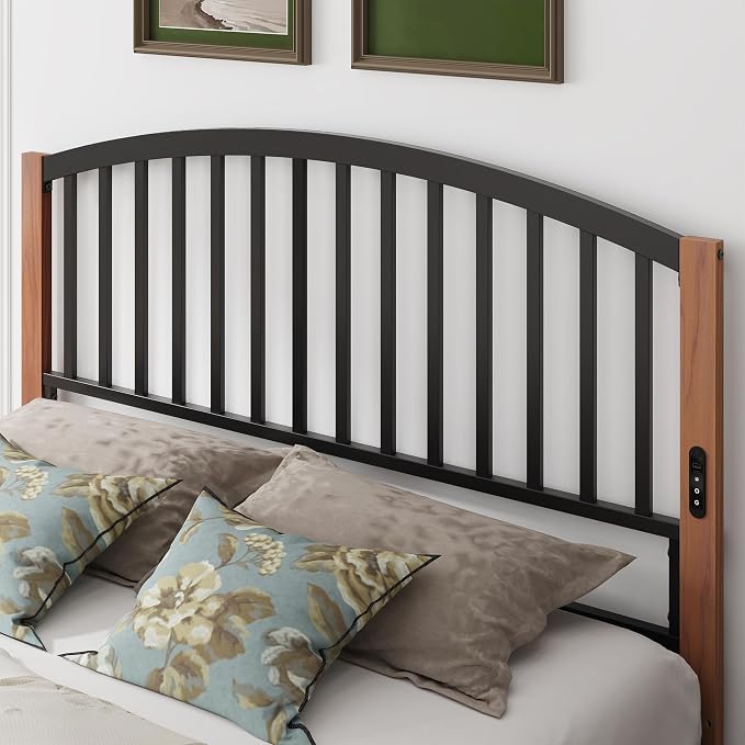 Metal Queen Headboard Only with LED Lights and USB, Cherry Wood Grain | Freestanding queen size headboard; adjustable height; USB charging station; modern bedroom design