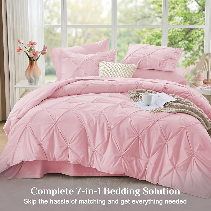 JOLLYVOGUE California King Comforter Set 7 Pieces - Bed in a Bag Cal King for All Season, Pintuck Bedding Comforter Sets with Comforter, Flat Sheet, Fitted Sheet and Pillowcases & Shams, Baby Pink