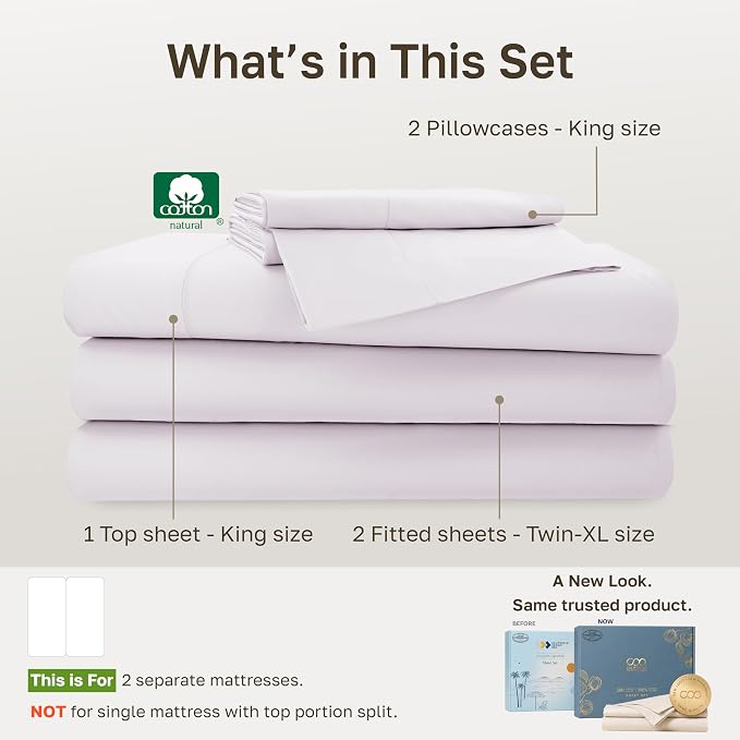 California Design Den 100% Cotton Sateen Split King Bed Sheet Set, 5 Pcs | 500 TC with Good Housekeeping Seal, Split King Sheets Sets for Adjustable Bed with 2 Separate Twin-XL Mattresses, Pale Orchid