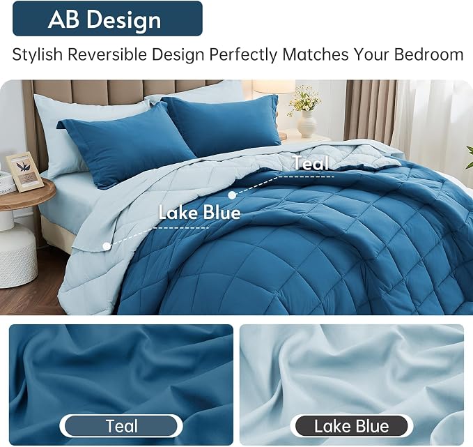 7 Pieces Queen Comforter Set, Reversible Bed in a Bag Queen Size, All Season Bedding Set with Comforter, Flat Sheet, Fitted Sheet, Pillowcases & Shams, Teal & Lake Blue