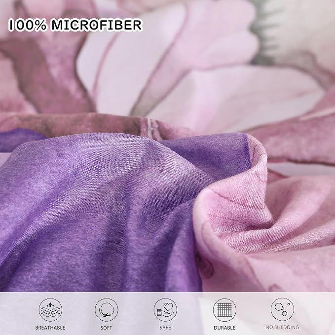 Yogeneg Queen Comforter Set 7 Piece Bed in a Bag,Elegant Floral Botanical Pattern Purple Bedding Set,Soft Microfiber Comforter with Sheet Set,All Season Bed Set(Purple Floral,Queen)