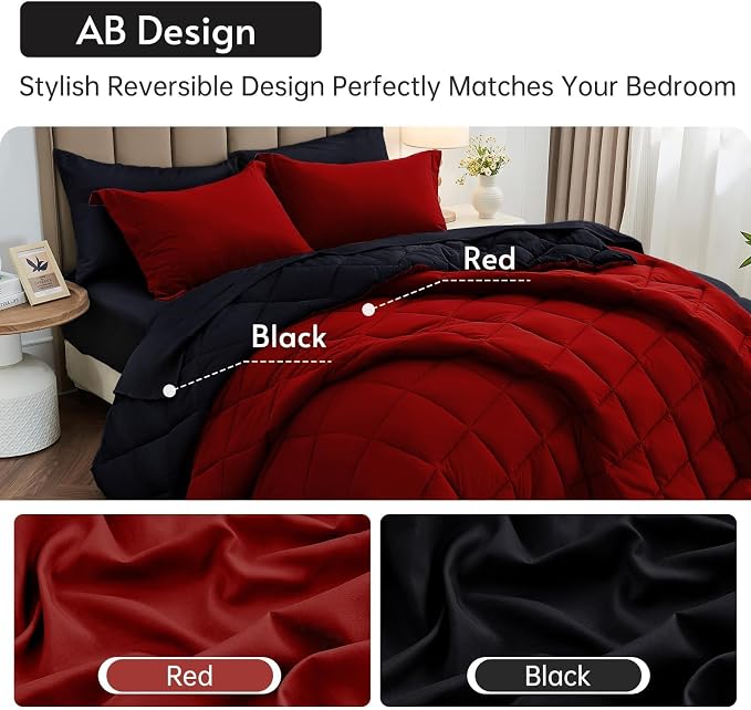 5 Pieces Twin Comforter Set, Reversible Bed in a Bag Twin Size, All Season Bedding Set with Comforter, Flat Sheet, Fitted Sheet, Pillowcases & Shams, Red & Black