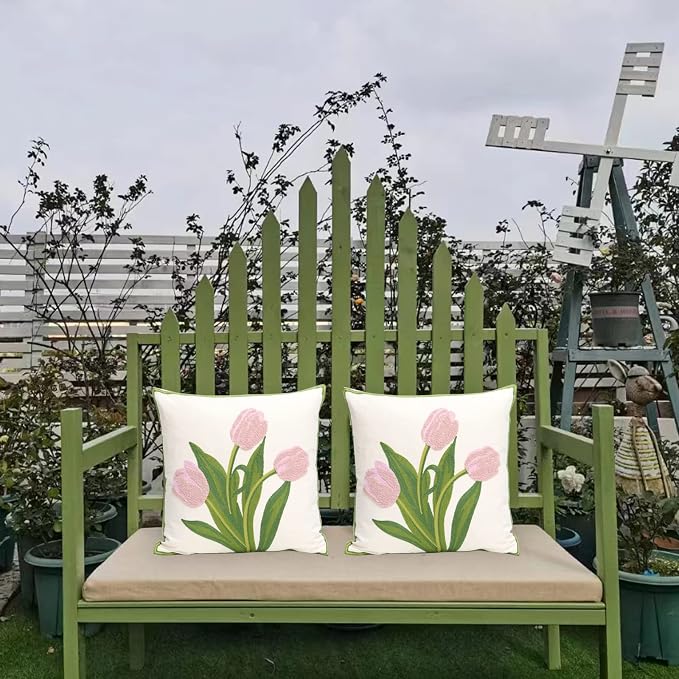 Pack of 2 Embroidered Decorative Throw Pillow Cover 18x18 Inch Farmhouse Floral Pillowcase for Living Room Sofa Bed (Pink Tulip)