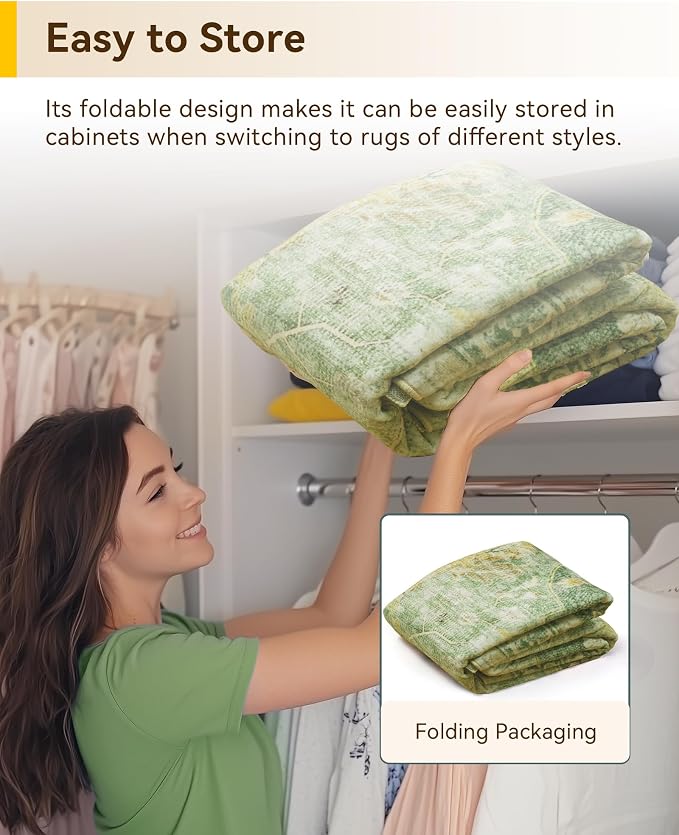 RELEANY Washable Area Rug, Large 10'x12', Green/Yellow | Non-Slip, Water Repellent, Pet Friendly, Easy to Clean, Vintage Floral Boho Decor for Living Room Bedroom Dining Room