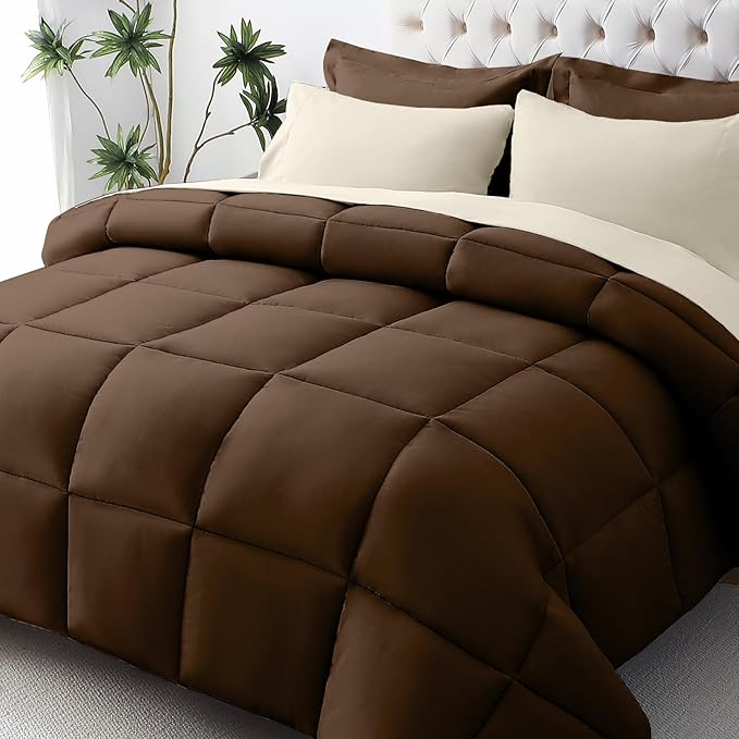 JOLLYVOGUE Oversized King Comforter Set, Ultra-Soft Bed in a Bag 7 Pieces, Oeko-TEX Certified Bedding Set with Down Alternative Comforter, Sheets, Pillowcases & Shams, Brown & Beige