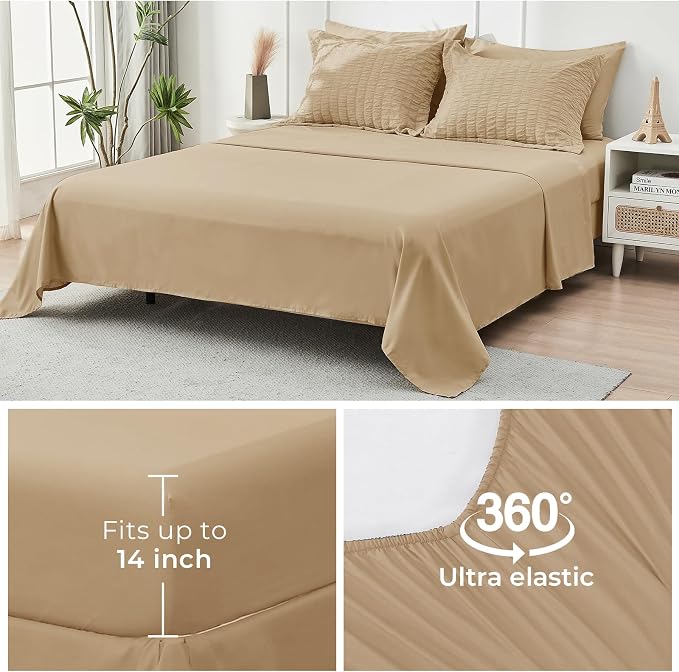 HYMOKEGE Khaki Oversized Queen Comforter Set Seersucker 7 Pieces, All Season Luxury Bed in a Bag for Bedroom, Bedding Set with Comforter, Sheets, Pillowcases & Shams
