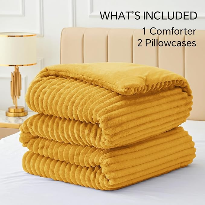 BEDELITE Fleece Full Comforter Set, Fluffy Bed Set, Mustard Yellow | Super Soft & Warm Bedding, Luxury Fuzzy Faux Fur Comforter for Winter, Heavy Plush Bedding, with 2 Pillowcases