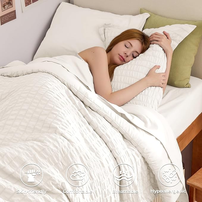 HYMOKEGE Ivory Twin Comforter Set Seersucker 5 Pieces, All Season Luxury Bed in a Bag for Bedroom, Bedding Set with Comforters, Sheets, Pillowcase & Shams