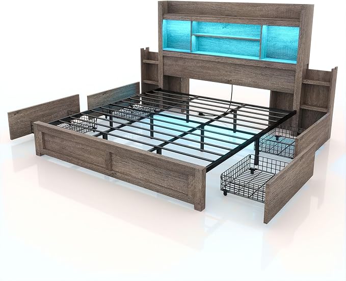 LUXOAK King Bed Frame with Storage, Bookcase Headboard,Grey | 49.6" Headboard, Wood Platform Bed, Charging Station, Bedside Storage, 4 Storage Drawers, No Box Spring Needed, Farmhouse