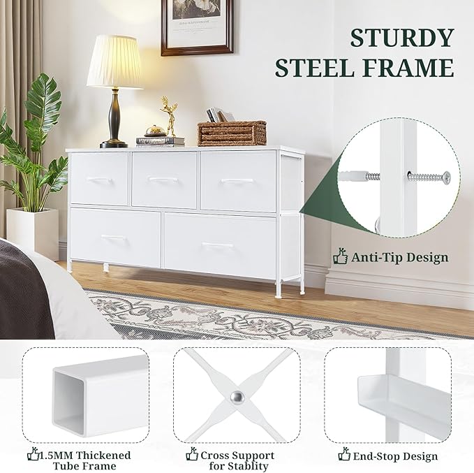 5-Drawer Dresser for Bedroom, Anti-Tip Wide Storage Organizer Fabric | Chest of Drawers TV Stand for 45" TV with Wooden Top and Metal Frame for Closet, Living Room, Hallway, Entryway, White