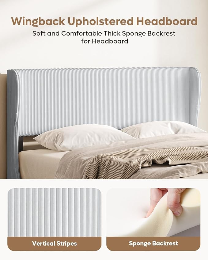 Bestier Queen Bed Frame with Wingback Headboard,Upholstered,Light Grey | No Squeaks,Easy Assembly,Wingback Headboard,Vertical Channel Corduroy Upholstered,Wooden Slats Support,No Box Spring Needed