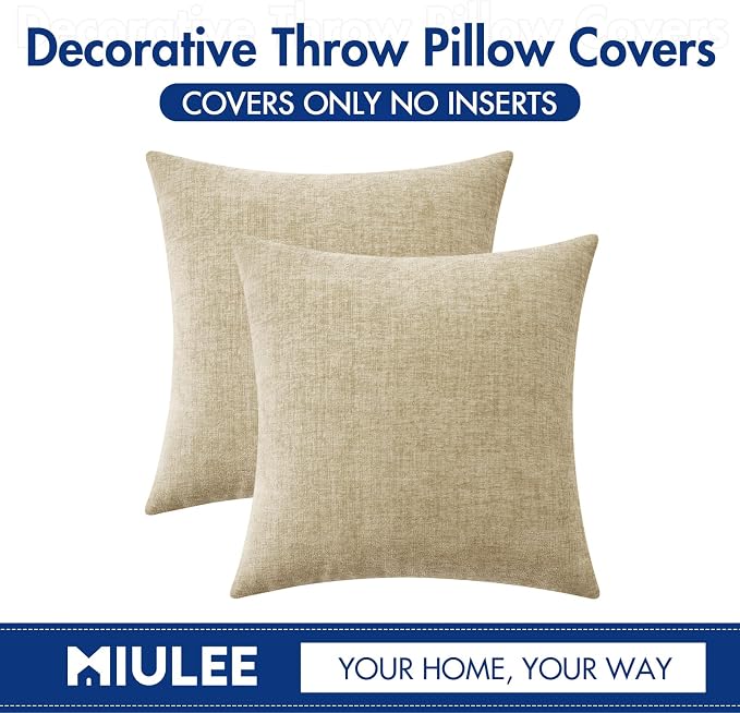 MIULEE Soft Chenille Throw Pillow Covers Beige 18x18 Inch Pack of 2 | Modern Home Decor, Classic Decorative Pillows, Solid Dyed Cases, Boho Couch Cushion Covers for Sofa Bed Living Room
