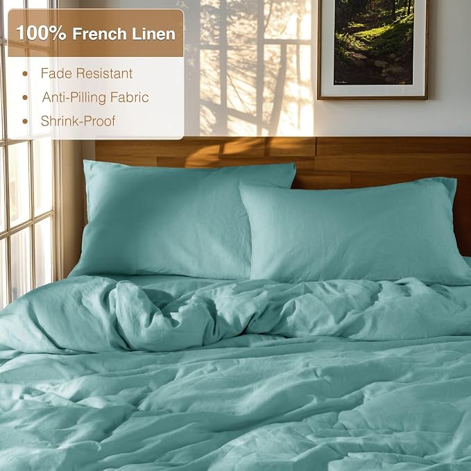 SONORO KATE 100% French Linen King Duvet Cover Set,Zipper Closure,3PC | Natural French Flax,Soft Breathable for Hot Sleepers,Moisture Wicking & Durable,4 Corner Ties,Aqua
