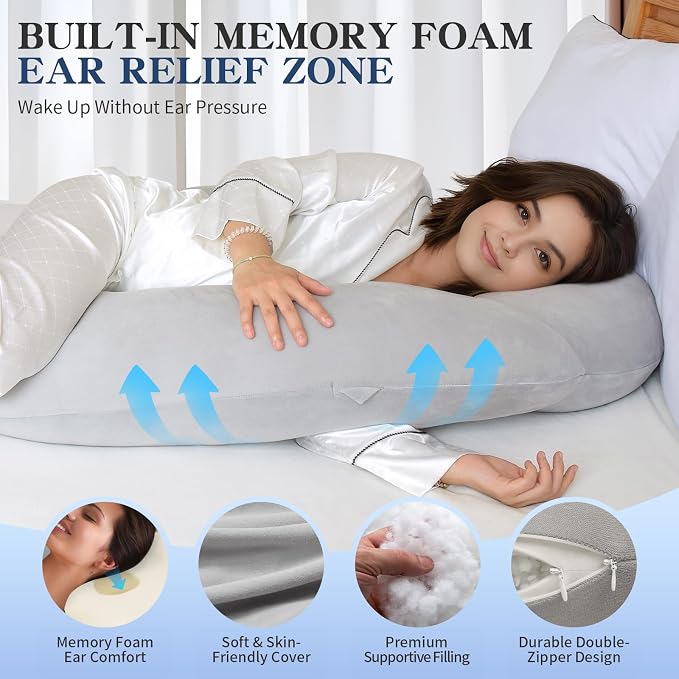 Pozico Pregnancy Pillow with Memory Foam Head Support for Side Sleepers | Built-in Memory Foam Comfort, Hybrid Fill for Balanced Support, Ergonomic Full-Body Support, Breathable & Easy to Care