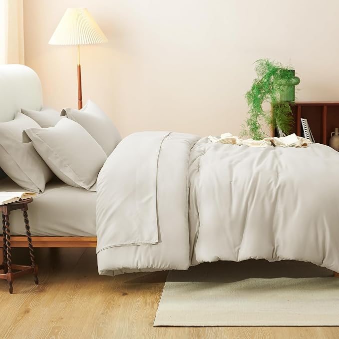 Oversized King Comforter Set Beige, 7 Pieces Bed in a Bag | OEKO-TEX Certified, All-Season, Bedroom, 240GSM Down Alternative Comforter, Flat & Fitted Sheets, 2 Pillowcases & 2 Shams