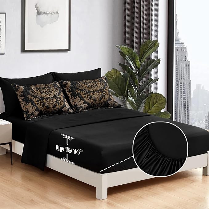 WONGS BEDDING Black Comforter Set Queen Size, Gold Damask Texture 7 Pieces Bed in a Bag Microfiber Comforter Bedding Sets -1 Comforter, 1 Flat Sheet, 1 Fitted Sheet, 2 Pillow Shams, 2 Pillowcases