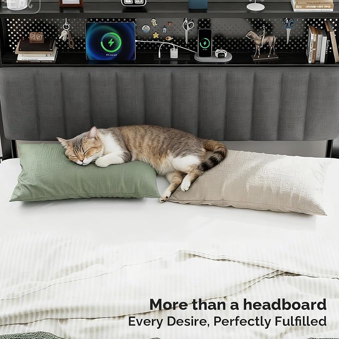 VINGLI Queen Size Headboard Only, Adjustable Upholstered Headboard with 2 Tier Shelves and Pegboard with Charging Stations and LED Lights, Modern Bed Headboard with Storage for Bedroom Decor