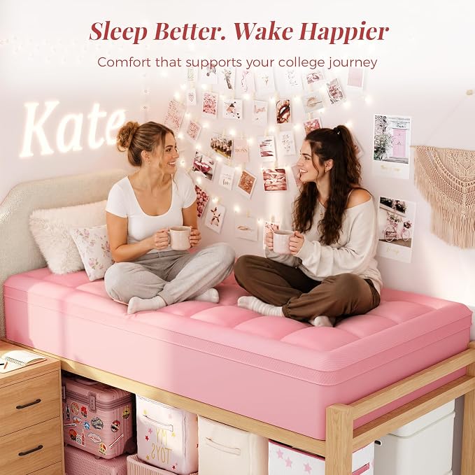 ELEMUSE Twin XL College Girls Dorm 3 Inch Memory Foam Mattress Topper | Pink Dual Layer Design, 2 Inch Cooling Gel Foam and 1 Inch Soft Pillow Top Bed Pad, Comfortable Support