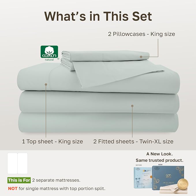 California Design Den 100% Cotton Sateen Split King Bed Sheet Set, 5 Pcs | 500 TC with Good Housekeeping Seal, Split King Sheets Sets for Adjustable Bed with 2 Separate Twin-XL Mattresses,Silver Sage