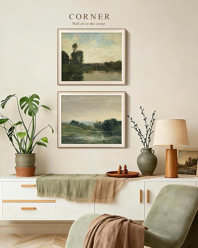 VIYYIEA Framed Vintage Landscape Wall Art Set of 2, Classical Nature Scene Canvas Painting Print, Rustic Home Decor for Living Room and Bedroom, 16x20 Inch
